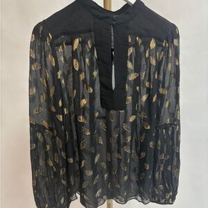Diane Von Furstenberg Black and Gold Sheer Blouse with Mandarin Collar